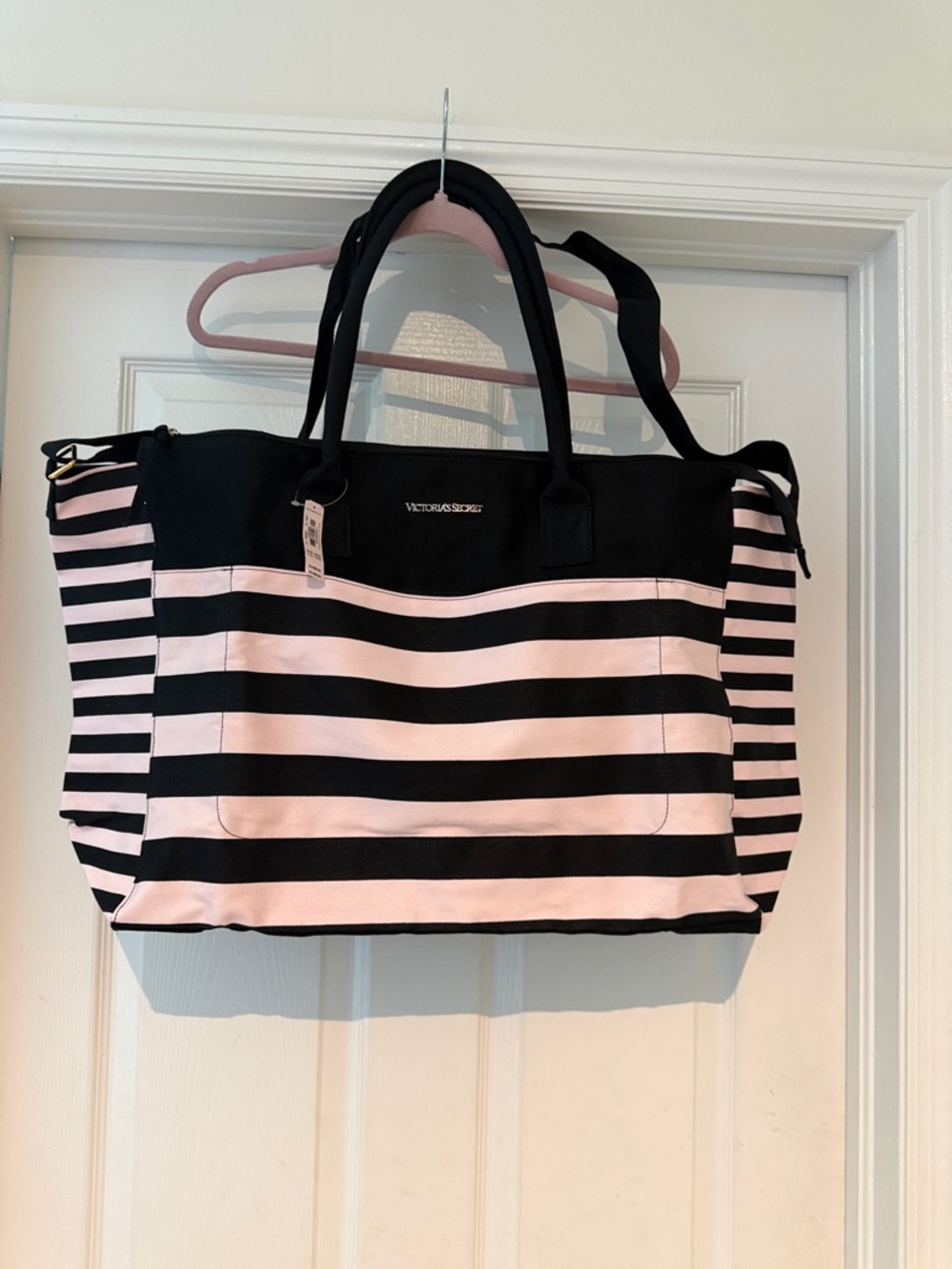 Victoria's Secret Black and Pink Striped Canvas Tote